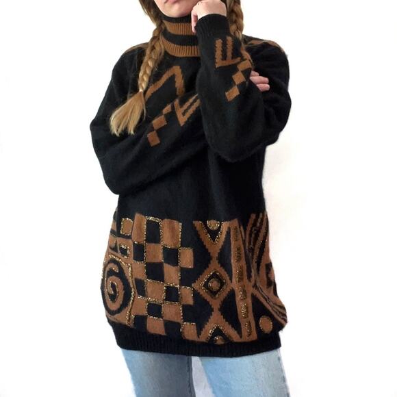 Vintage Sweaters - IB DIFFUSIONS Black & Brown Silk Blend Beaded Turtleneck Sweater Small